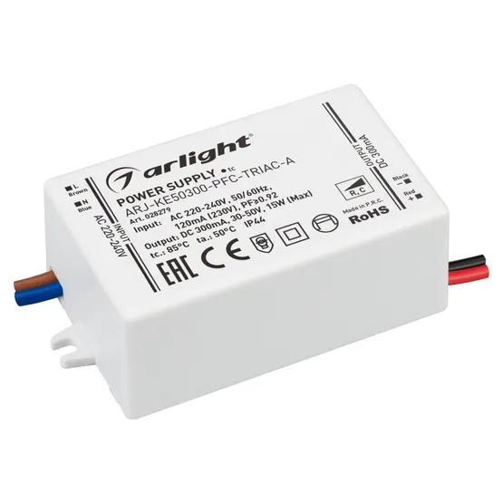 Фото #1 товара Блок питания ARJ-KE50300-PFC-TRIAC-A (15W, 300mA) (Arlight, IP44 Пластик, 5 лет)