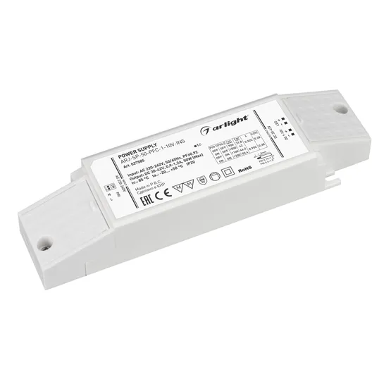 Фото товара Блок питания ARJ-SP-50-PFC-1-10V-INS (50W, 900-1200mA) (Arlight, IP20 Пластик, 5 лет)